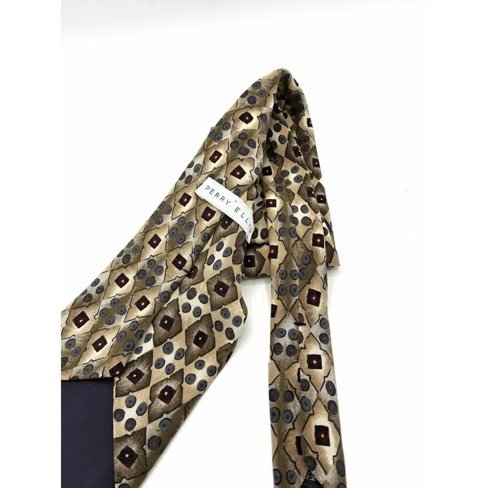 Vintage Perry Ellis Tie Geometric Gold Brown Gray Burgundy Mens Necktie